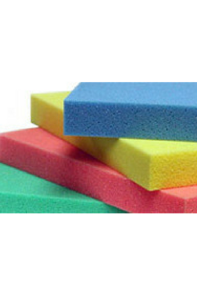 SEAT CUSHION foam displayed in a stack with blue, yellow, red and green